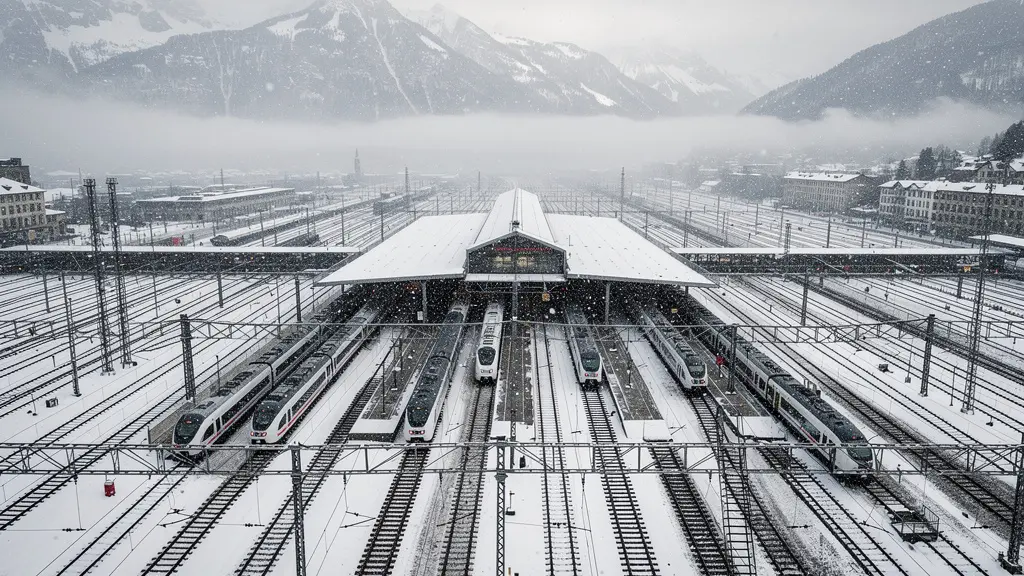 Moderne Schweizer Bahn im Schnee an einem wichtigen Knotenpunkt mit perfekt aufeinander abgestimmten Verbindungen