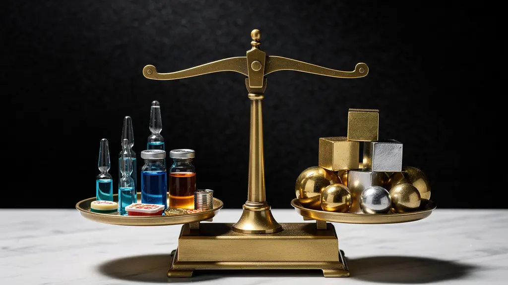 Die defensive Stärke der Schweizer Wirtschaft visualisiert durch eine perfekt ausbalancierte Waage mit Pharma- und Finanzsymbolen.