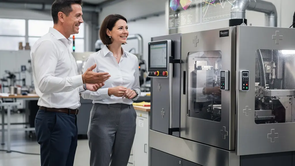 Schweizer Ingenieur erklärt XaaS-Modell an digitalem Interface einer Industriemaschine