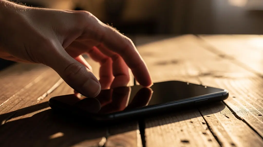 Nahaufnahme einer Hand, die ein Smartphone mit schwarzem Bildschirm auf einen Holztisch legt