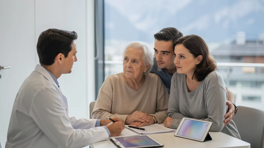 Patientenberatung im modernen Schweizer Spital mit Blick auf die Alpen