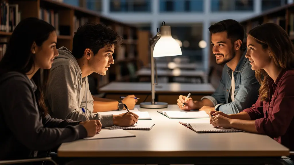 Studierende arbeiten spätabends gemeinsam in einer modernen Universitätsbibliothek