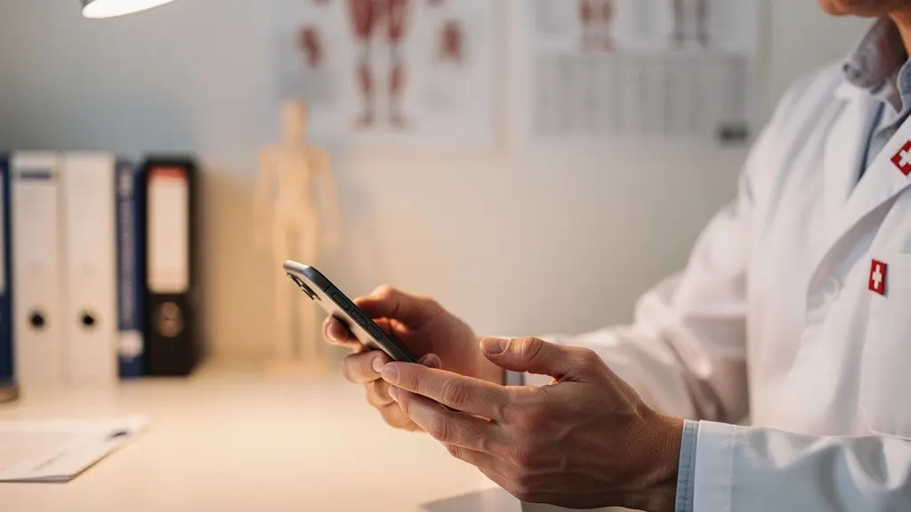 Arzt am Bildschirm mit Checkliste während einer Telefonkonsultation in einem Schweizer medizinischen Zentrum.