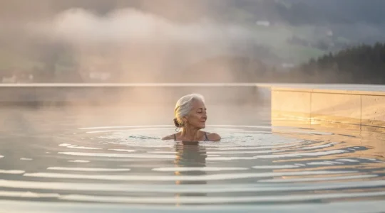 Ältere Frau entspannt im dampfenden Thermalwasser von Baden mit Blick auf die historische Schweizer Bäderarchitektur