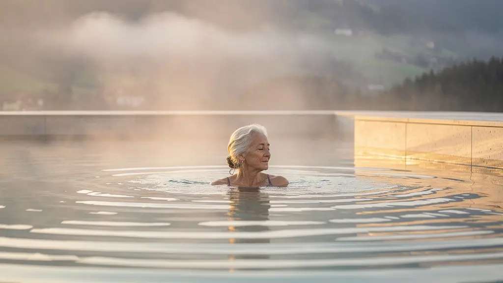 Ältere Frau entspannt im dampfenden Thermalwasser von Baden mit Blick auf die historische Schweizer Bäderarchitektur