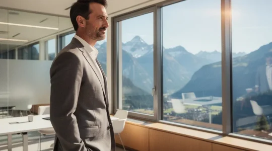 Geschäftsperson in modernem Schweizer Büro mit Alpenpanorama im Hintergrund