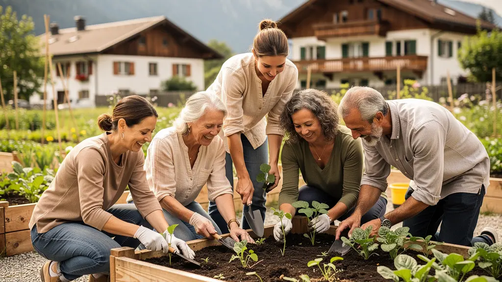 Gruppe von Menschen verschiedenen Alters bei gemeinsamer Gartenarbeit in einem Gemeinschaftsgarten