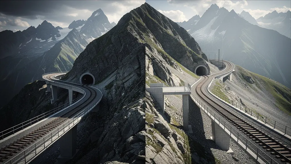 Visualisierung der zwei Haupttransitrouten durch die Alpen mit Infrastrukturmerkmalen