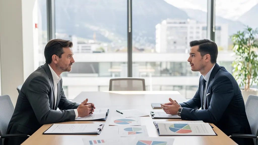 Zwei Geschäftsleute in professionellem Gespräch über Dokumente in modernem Büro