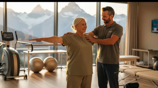 Patient bei Rehabilitationsübung mit therapeutischem Fachpersonal in moderner Schweizer Rehaklinik