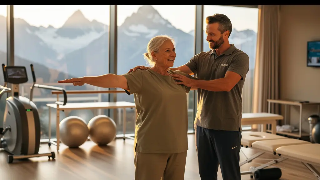 Patient bei Rehabilitationsübung mit therapeutischem Fachpersonal in moderner Schweizer Rehaklinik