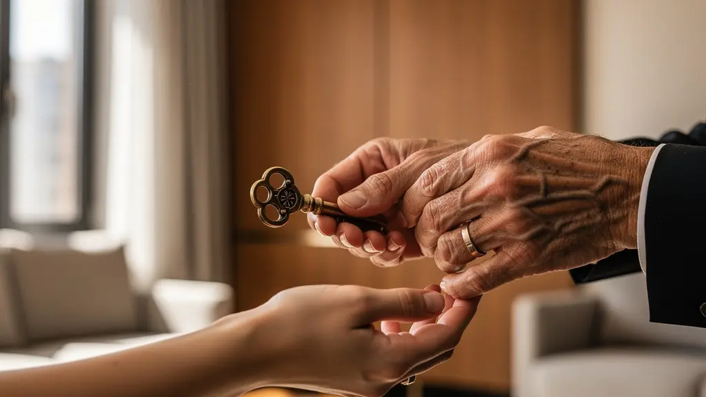 Strukturierung von Vermögen in Schweizer Familienunternehmen, symbolisiert durch die Übergabe eines Schlüssels von älteren zu jüngeren Händen