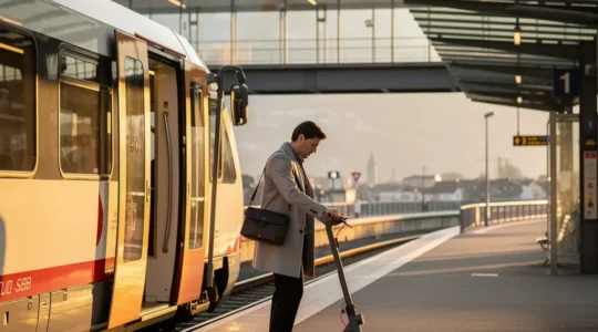Pendler mit E-Scooter am Schweizer Bahnhof beim Umstieg vom Zug