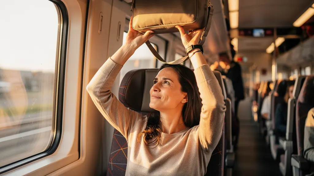 Zugabteil mit Reisenden, die entspannt auf ihren reservierten Sitzplätzen sitzen.