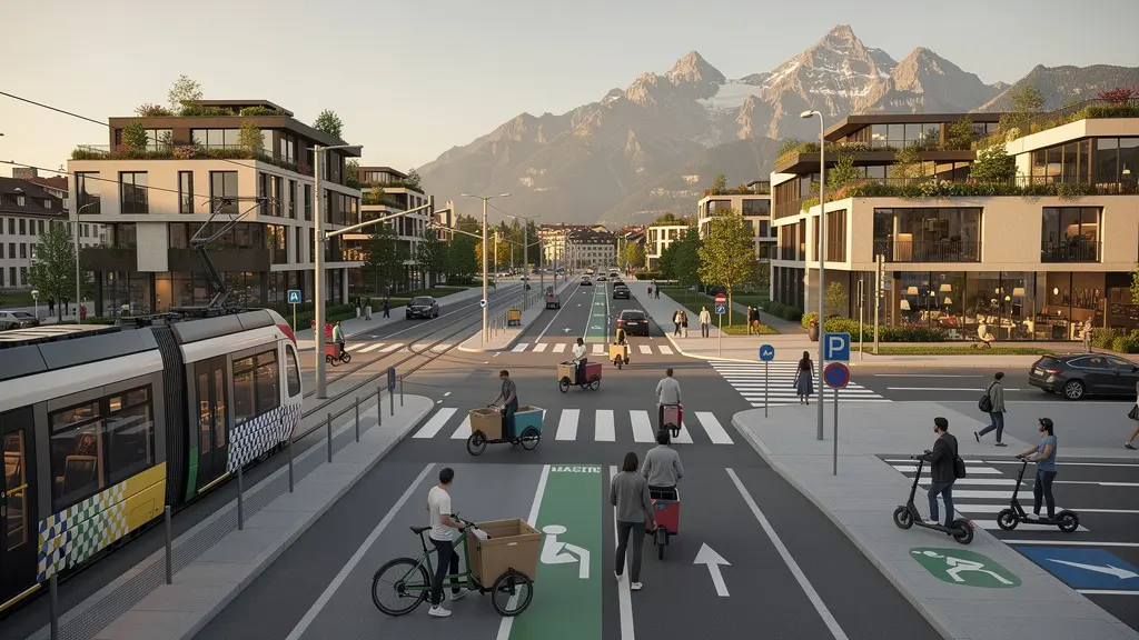 Vielfältige urbane Mobilität in Schweizer Städten mit E-Bikes, Trams und Fussgängern bei Alpenkulisse