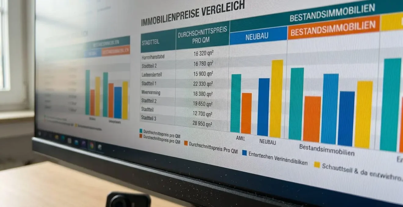 Extreme Nahaufnahme eines modernen Computerbildschirms mit einer unscharfen Datenvergleichstabelle zu Immobilienpreisen und Grafiken, Fokus auf farbenfrohe Datenvisualisierung