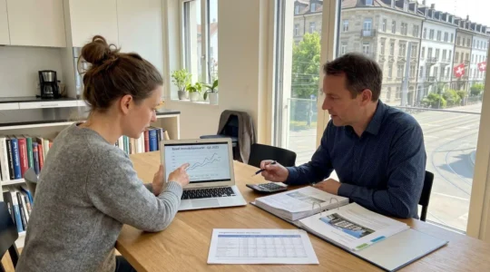 Zwei Personen sitzen an einem modernen Holztisch und betrachten Dokumente und einen Laptop mit Immobiliendaten, Seitenansicht in zeitgenössischem Basler Wohnungsinterieur