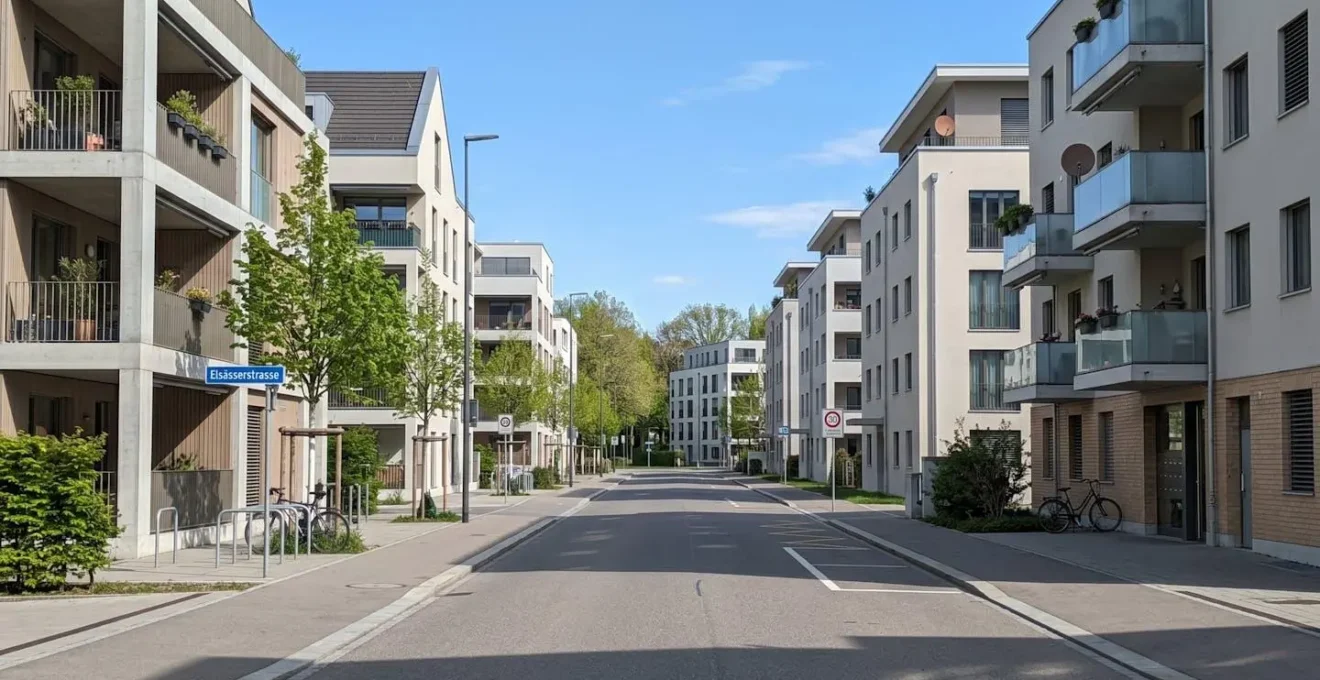 Weitwinkelaufnahme einer modernen Basler Wohnstrasse mit typischer Schweizer Architektur, saubere zeitgenössische Gebäude, leere Strassenansicht bei hellem Tageslicht